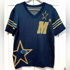 Navy and Gold Star 1982 Graphic V Neck Short Sleeve Sweater Sz LG NEW!